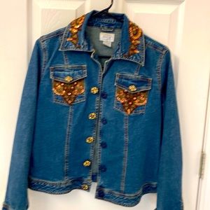 Jean jacket adorned with copper color sequins.